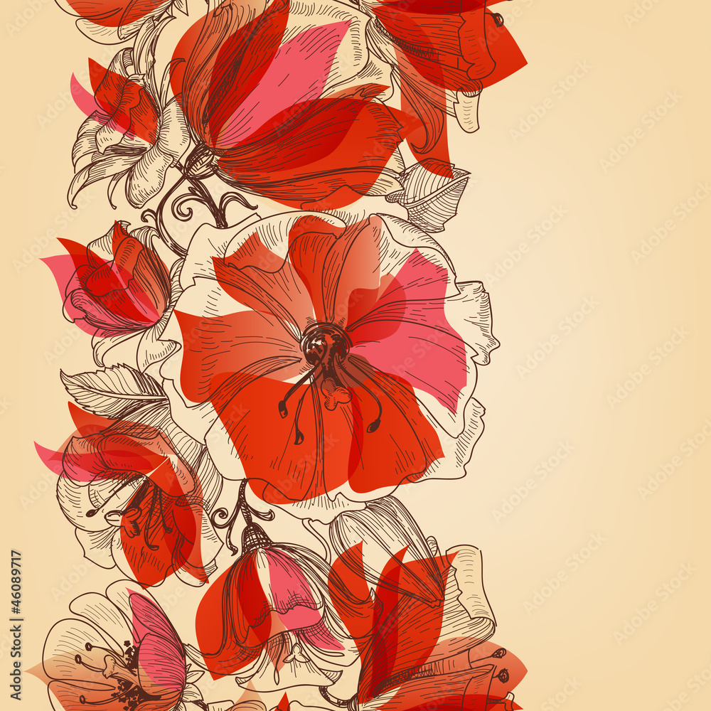 Poster red flowers seamless pattern in retro style