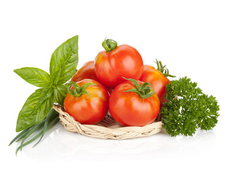 Fototapeta na wymiar Ripe tomatoes, basil, parsley green onion