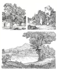 Old village illustration - obrazy, fototapety, plakaty