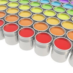 Buckets full of paint over white background