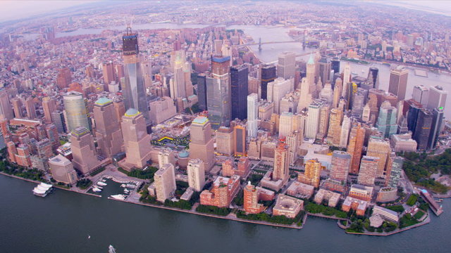 Aerial view 1WTC, Brooklyn and Manhattan Bridges, New York, USA,