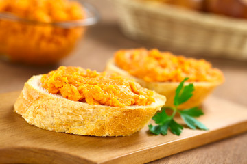 Sweet potato spread on baguette slices