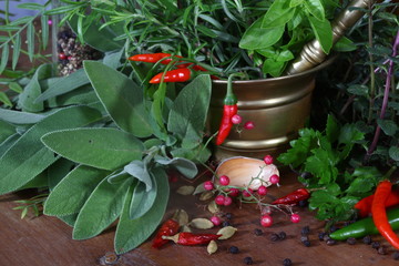 Mixed herbs with red hot peper in mortar with pestle