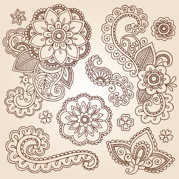 Henna Paisley Mandala Tattoo Doodle Vector Design Elements Set