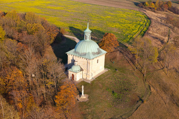 Aerial view of Saint Anna's chapel in town Pinczow, Poland