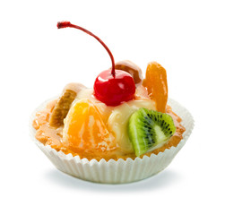 Delicious pastry with caramelized fruits and cream isolated