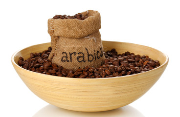 Coffee beans in bag and bowl isolated on white