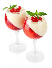 fruit jelly with chocolate and berries in glasses isolated