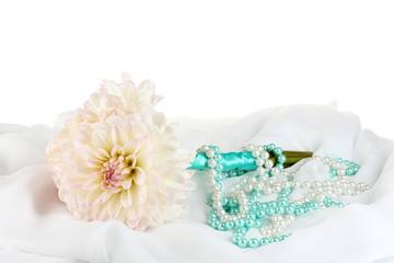 Wedding bouquet of white dahlias and a box