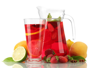 sangria in jar and glass with fruits, isolated on white