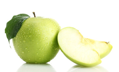 Ripe green apple with leaf and slice, isolated on white