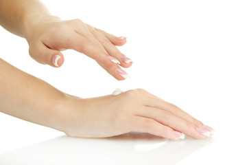 Beautiful woman hands with cream, isolated on white