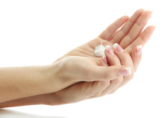 Beautiful woman hands with cream, isolated on white