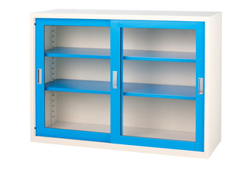 Beautiful blue empty cabinet with transparent doors