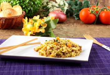 Rice with minced meat and carrots