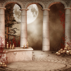 Kolumny z czaszkami na tle księżyca © Obsidian Fantasy