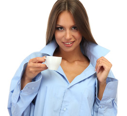 beautiful young woman with cup of coffee, isolated on white