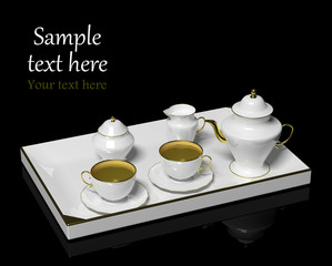 Porcelain tea set on black background