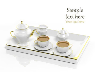 Porcelain tea set on white background