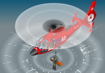 isometric red helicopter in flight in rescue