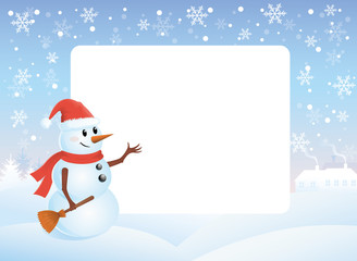 Snowman pointing to the white board.