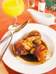 Quail carcasses stuffed with rice