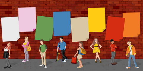 Group of cartoon teenagers in front of red brick wall background