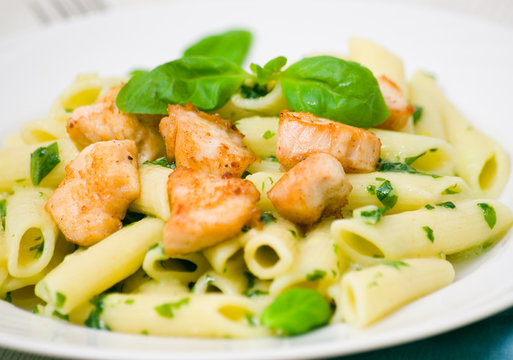 penne pasta with chicken breast and pesto sauce