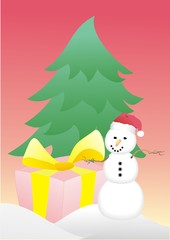 Schneemann mit Geschenk und Tannenbaum