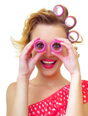 Pin-Up Girl with hairstyle looking thro curlers © Alen-D