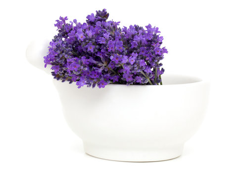 mortar with lavender flowers