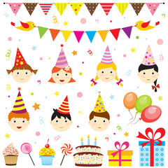 Obraz na płótnie Canvas Zestaw elementów wektorowych urodzinowe party z uroczych dzieci