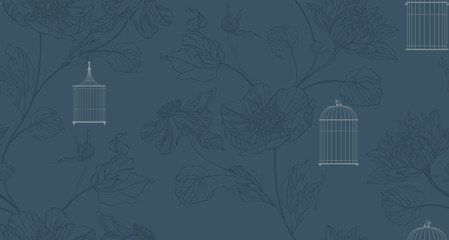 wallpaper with birdcage and flowers