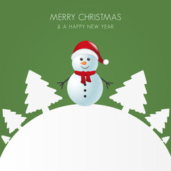 snowman with scarf white tree background world
