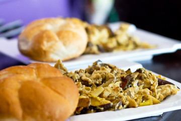 Breakfast from scrambled eggs with forest mushrooms