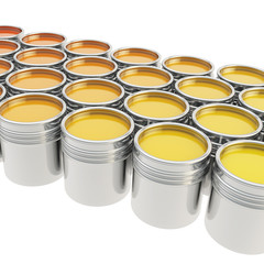 Buckets full of paint over white background