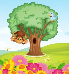 Photo sur Plexiglas Zoo un singe, un oiseau et un arbre