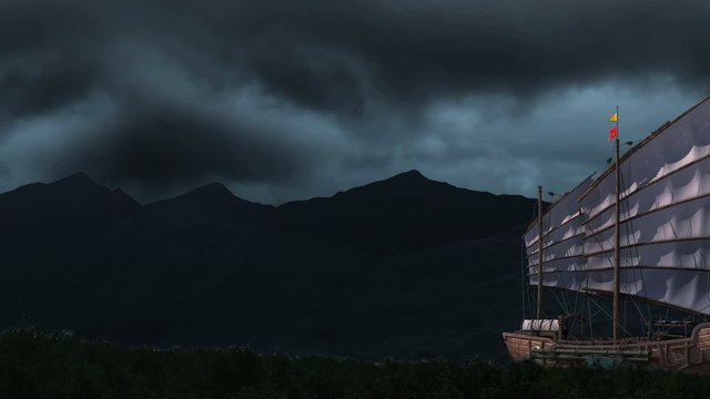 old ship sailing with storm