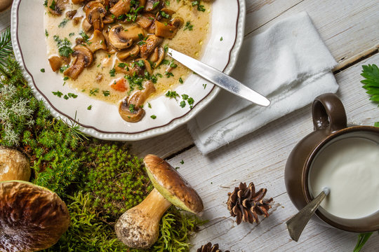 Mushrooms collected from the forest and soup made ​​from the
