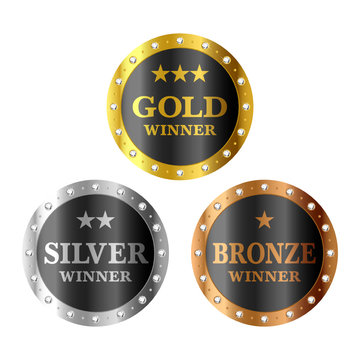 Gold, silver and bronze winner medals