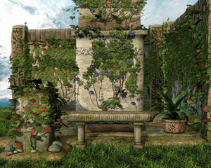 Zielony ogród z kwiatami i bluszczem - obrazy, fototapety, plakaty