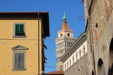 Pistoia central street and bell tower of Piazza del Duomo