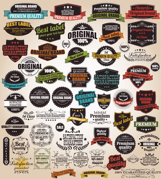 Set of vintage retro labels, stamps, ribbons, vector