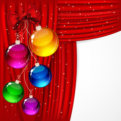 Christmas background with red satin and balls.