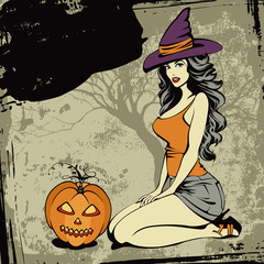 Halloween card with a sexy witch and a spooky pumpkin