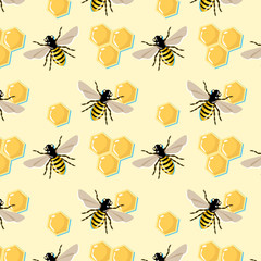 Vector pattern with bees and honey combs