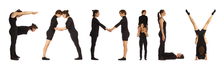 Fototapeta premium Black dressed people forming FAMILY word over white 