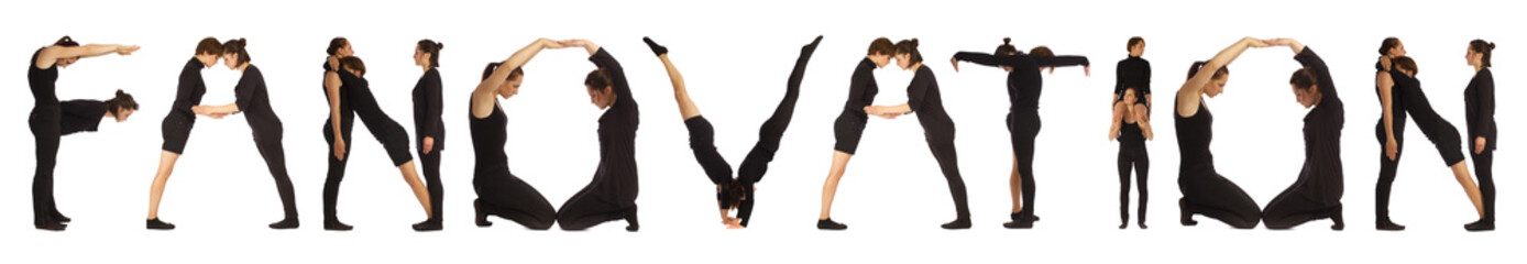 Black dressed people forming FANOVATION word over white 