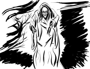 croquis noir et blanc vieille,horrible sorcière des bois © mademoh