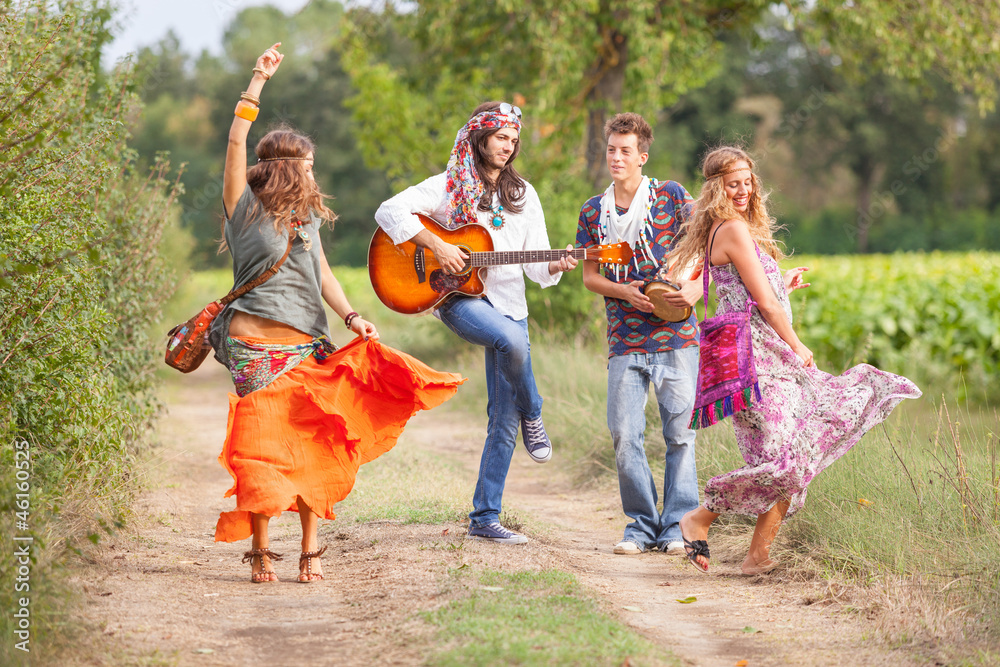 Wall mural Hippie Group Playing Music and Dancing Outside